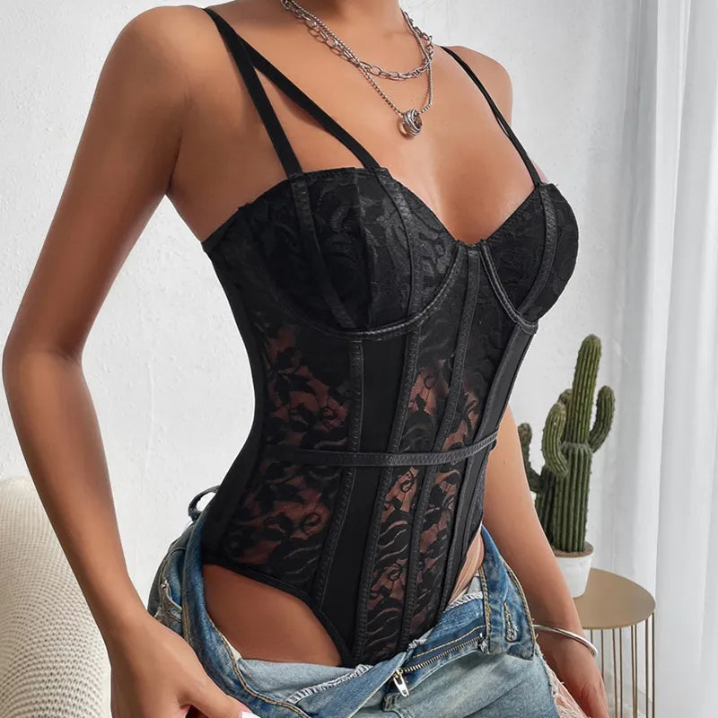 Céline | Embroidered Corset-Inspired Lace Bodysuit