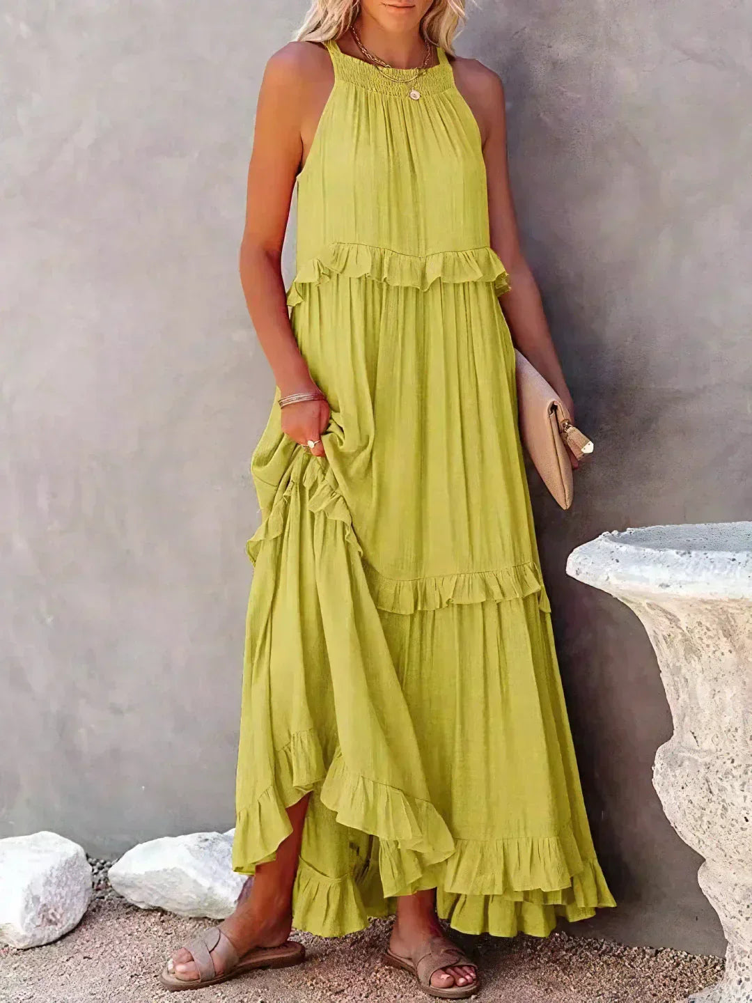 Emilia – Elegant Halter Ruffle Maxi Dress