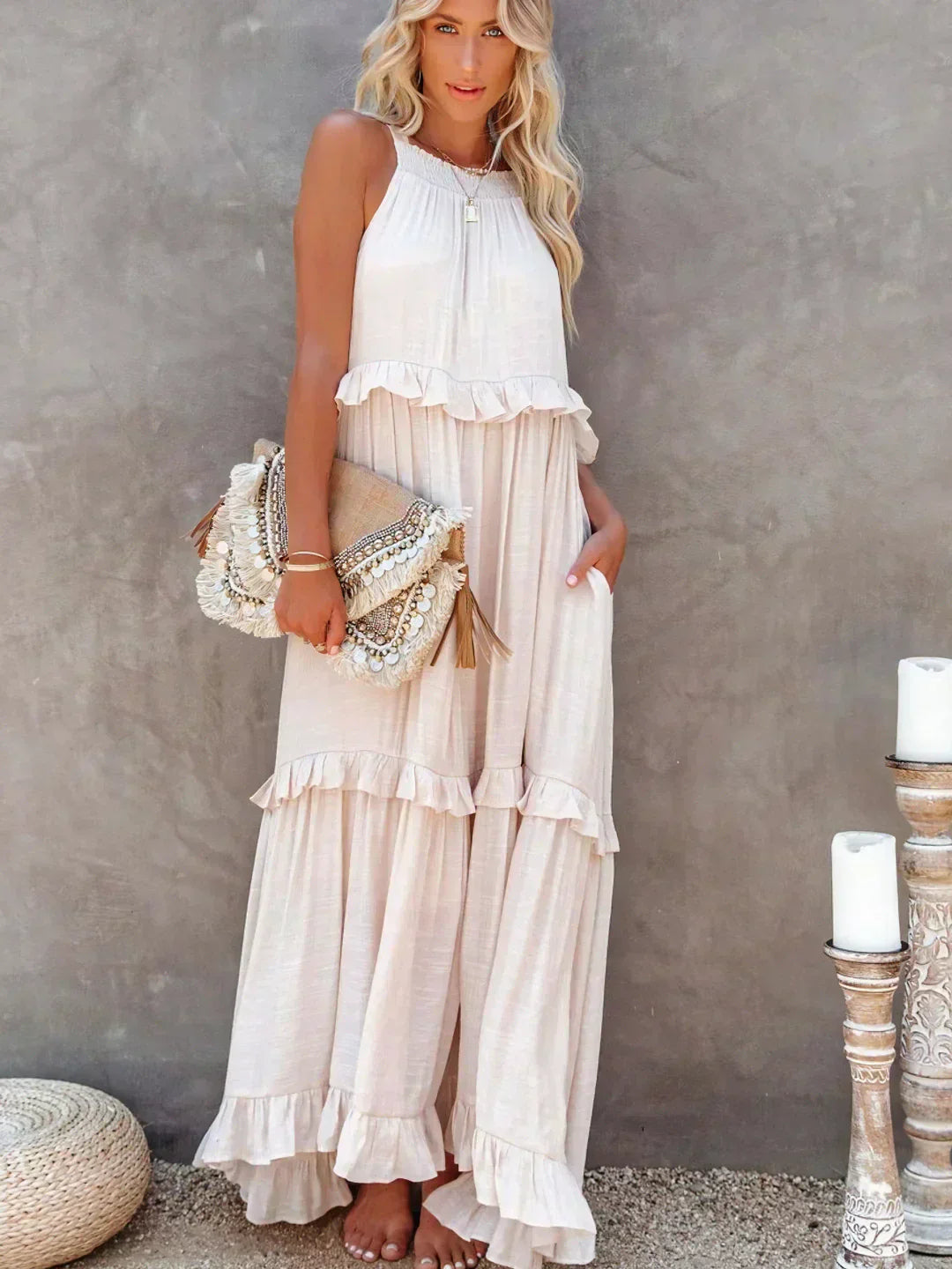 Emilia – Elegant Halter Ruffle Maxi Dress