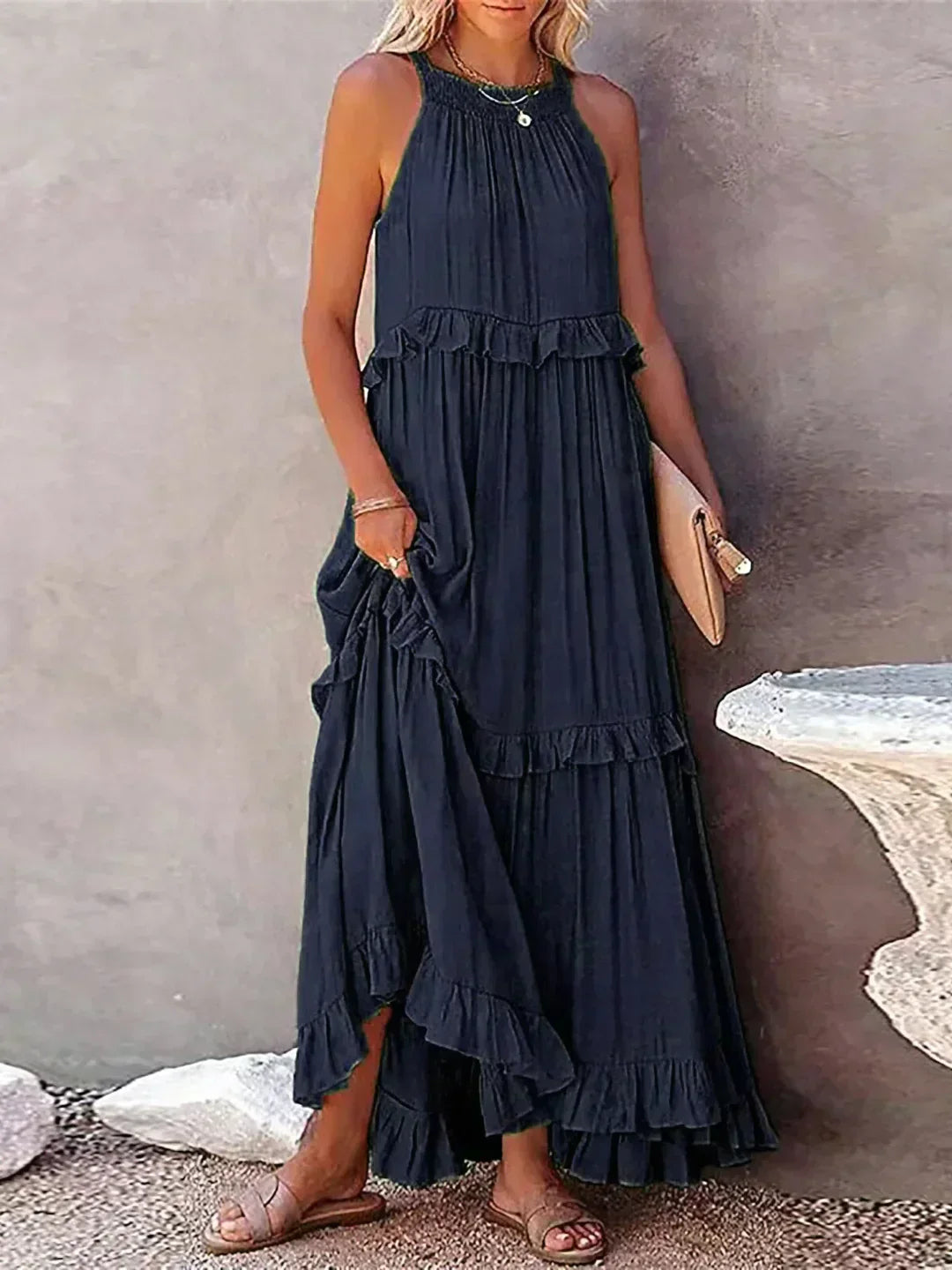 Emilia – Elegant Halter Ruffle Maxi Dress