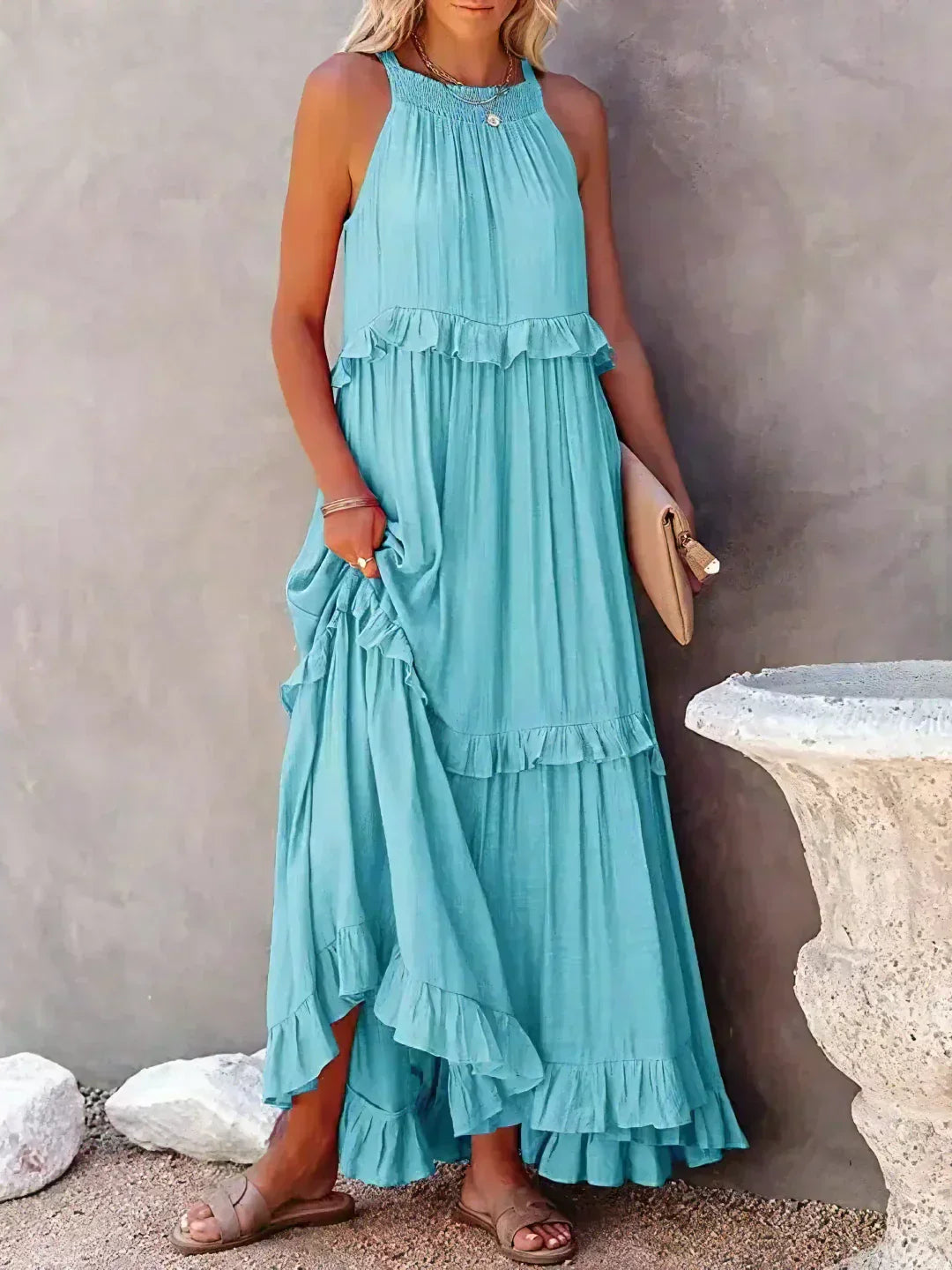 Emilia – Elegant Halter Ruffle Maxi Dress