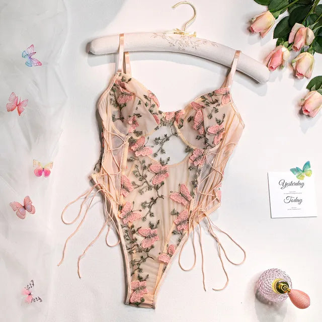 Selene | Butterfly Embroidered Lace Bodysuit