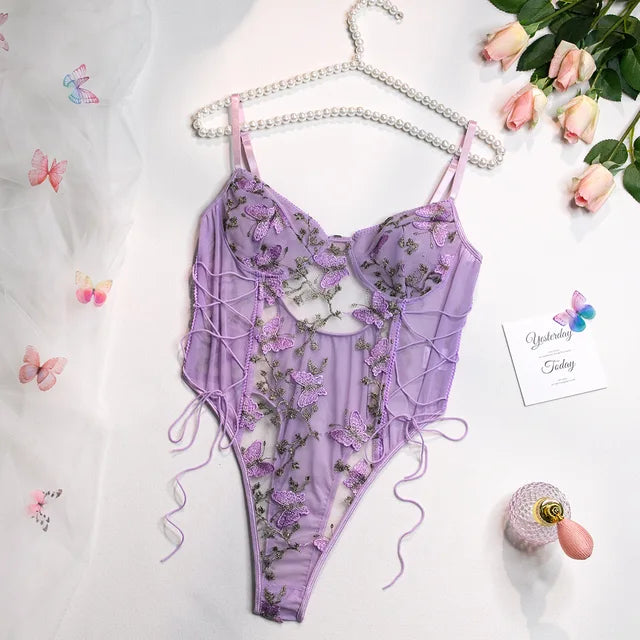Selene | Butterfly Embroidered Lace Bodysuit