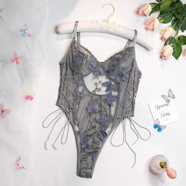 Selene | Butterfly Embroidered Lace Bodysuit