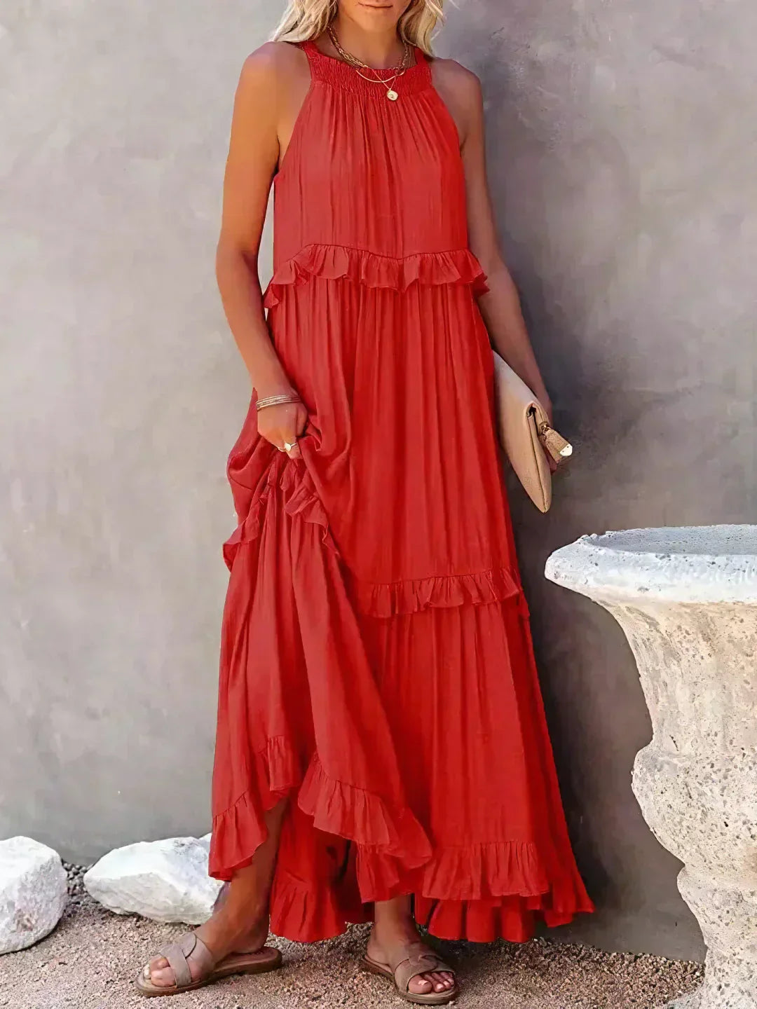 Emilia – Elegant Halter Ruffle Maxi Dress